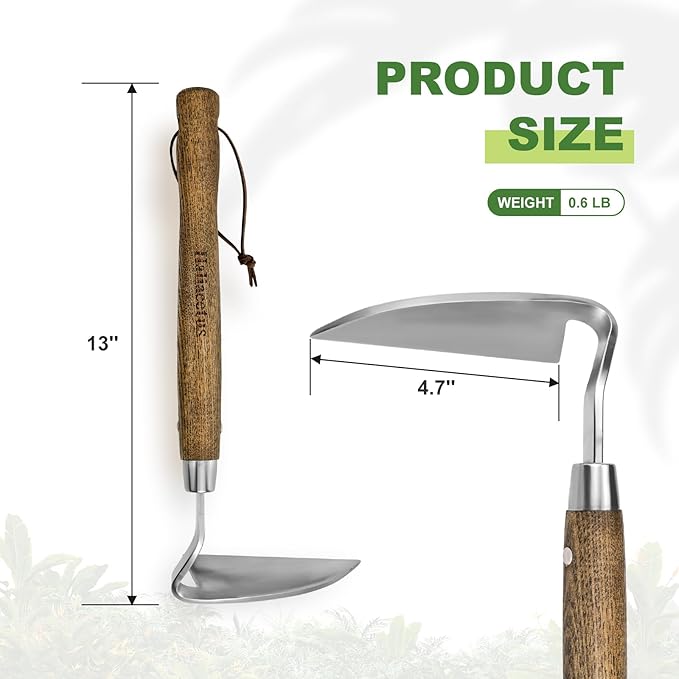 Haliaeetus Gardening Sickle Hoe, Japanese Bent Angle Weeding Sickle, Stainless Steel Weed Hoe Scraper, 13'' Gardening Hand Hoe with Ergonomic Wood Handle for Weeding, Loosening Soil and Cultivating