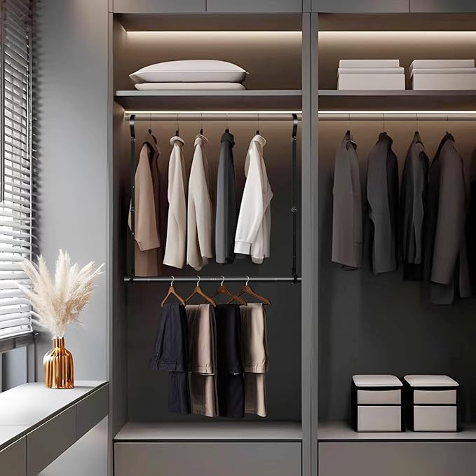 Hanging Closet Rods, Adjustable Height & Width Closets Bar Lower Extender for Hanging Clothes, Heavy Duty Hanging Bars for Clothing Storage and Organizer, Space-Saving & Expandable Double Closet Rod