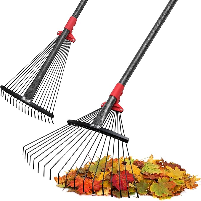 Adjustable Garden Leaf Rake for Lawns - Heavy Duty Metal With 18 Clog-Free Tines, 9"-17" Collapsible Head, 75 in Long Handle - Yard Tools for Gardening, Camping, Fast Cleanup