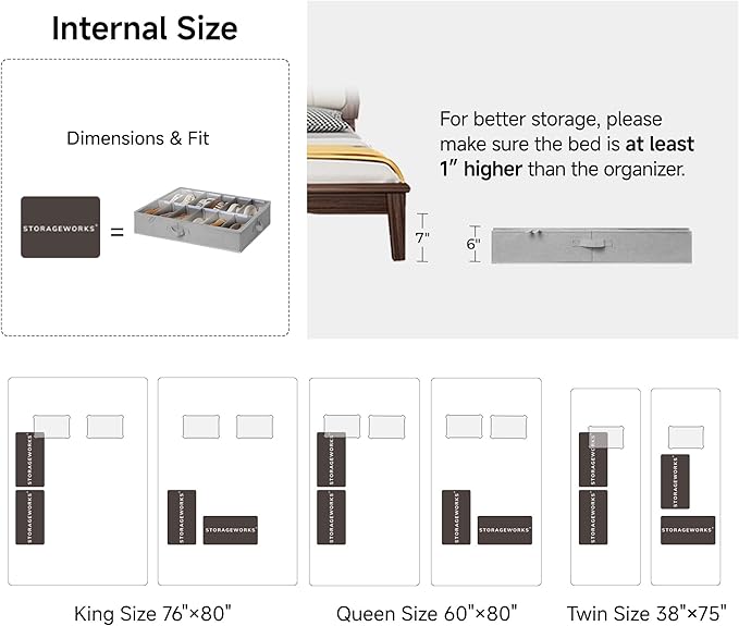 StorageWorks Shoe Organizer for Closet, Fits up to 24 Pairs, 2-Pack Ultra-thick Fabric Under Bed Shoe Storage Containers with Bottom Support and Adjustable Dividers, Grey