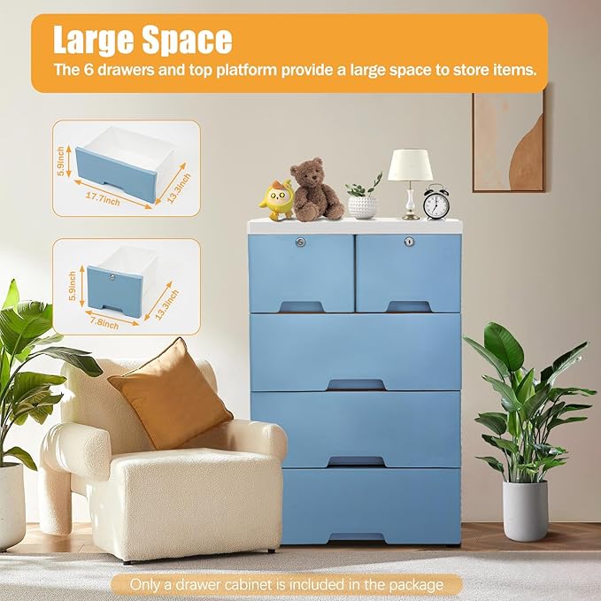 6 Drawer Storage Drawer, Clothes Organizer Tower Cabinet, Plastic Drawers Dresser Storage Cabinet with 4 Wheels for Home Office Bedroom, Blue