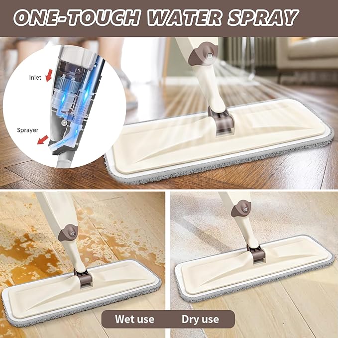 HOMTOYOU Wet Mop for Floor Cleaning: Microfiber Spray Mop with 4 Washable Pads for Cleaning Home Kitchen Multi-Surface Floors - 1Pcs 400+ML Refillable Bottle