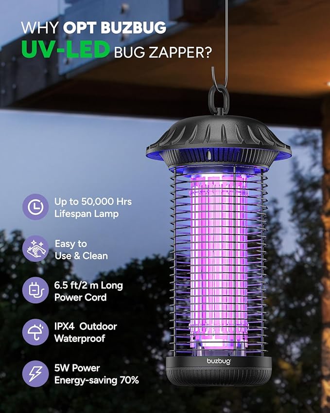 Buzbug LED Bug Zapper Indoor Outdoor, Up to 50,000 Hrs Lifespan Lamps, 6.5ft Power Cord, IPX4 Waterproof, High-Voltage, Mosquito Zapper, Fly Trap Mosquito Trap, Fly Killer Fly Zapper -MO008C
