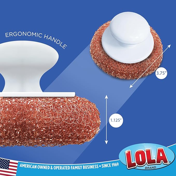 LOLA Copper Mesh Scouring Pad w/Comfort Knob, Heavy Duty Cleaning Pads, Knitted Wire Mesh, Cleans Caked-On & Baked-On Messes