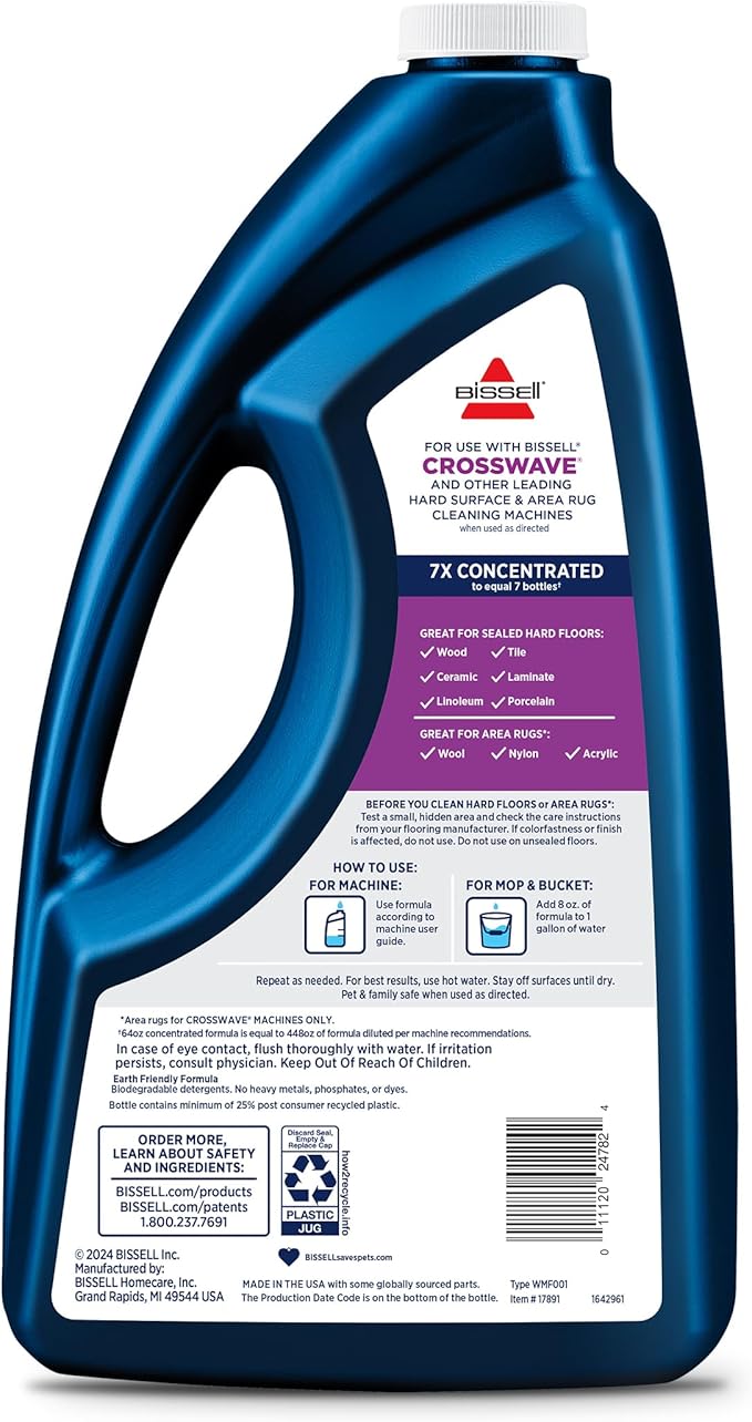 Bissell MultiSurface Floor Cleaning Formula-Crosswave and Spinwave, 17891, 64oz, Removes Everyday Dirt and Grime, Safe on Sealed Hard Floors, Tile, Laminate, Area Rugs, Spring Breeze
