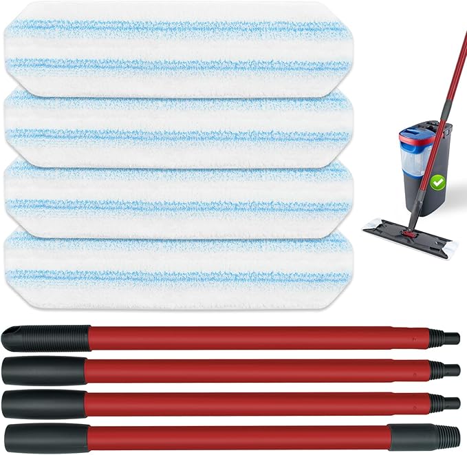 Mop Replacement Pads for O Cedar H2prO Flat Mop System, Mop Handle for O-Cedar H2pro Mop, Reusable Microfiber Mop Pads for Ocedar Flat Mop, Include 4 Mop Pad Refills and 4-Section Mop Handle