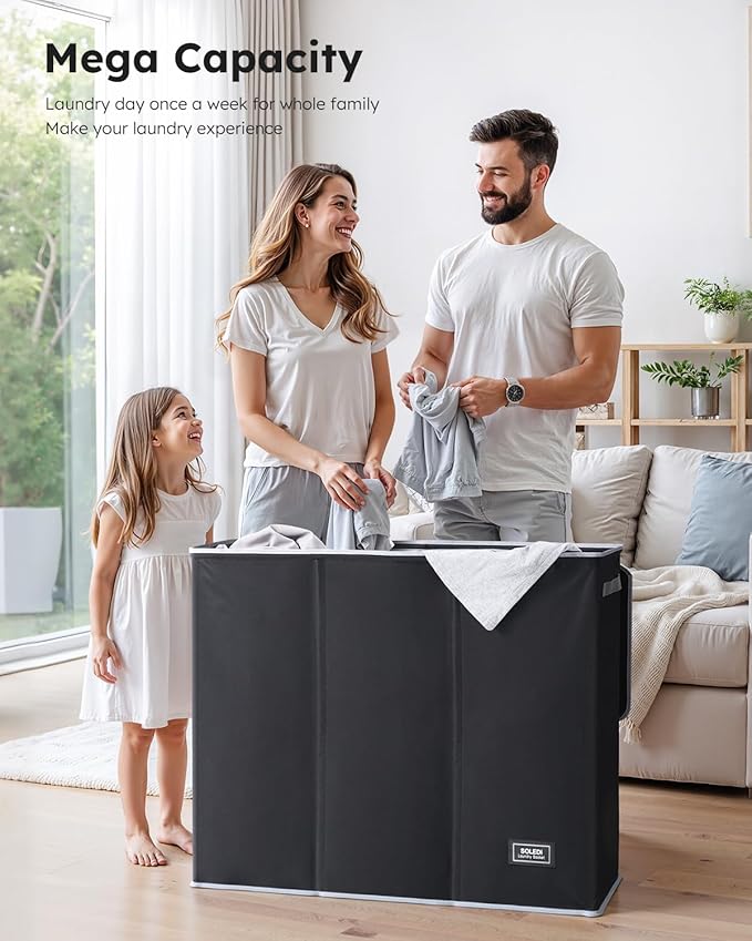 SOLEDI 180L Laundry Hamper 3 Section, Extra Large Laundry Hamper with Lid, Dirty Clothes Hamper with Sturdy Handle, Large Laundry Basket Organizer for Laundry Room, Bedroom, Hampers for Laundry