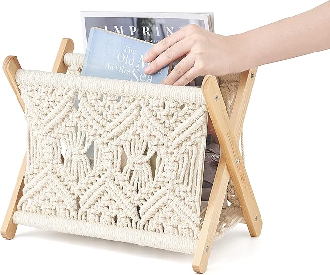 Mkono Macrame Magazine Rack Boho Storage Holder Standing Basket for Books, Newspapers, Swaddle Blanket, Dorm Essentials, Living Room, Bathroom, Office, Nursery, Home Decor, Small Size, 11.2”L x 7.5”W