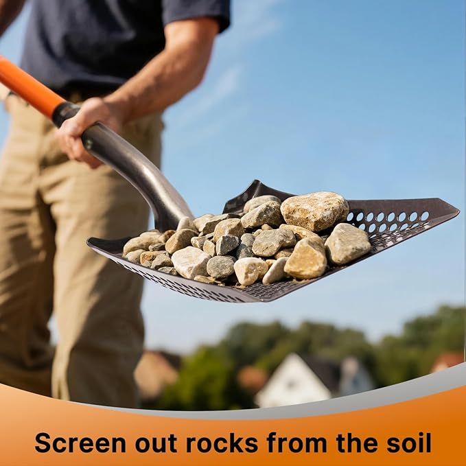 45in Sand Sifting Shovel with Orange Fiberglass Handle - Heavy Duty Slotted Shovel for Rocks, Chicken Coop, Gardening and Soil Sifting