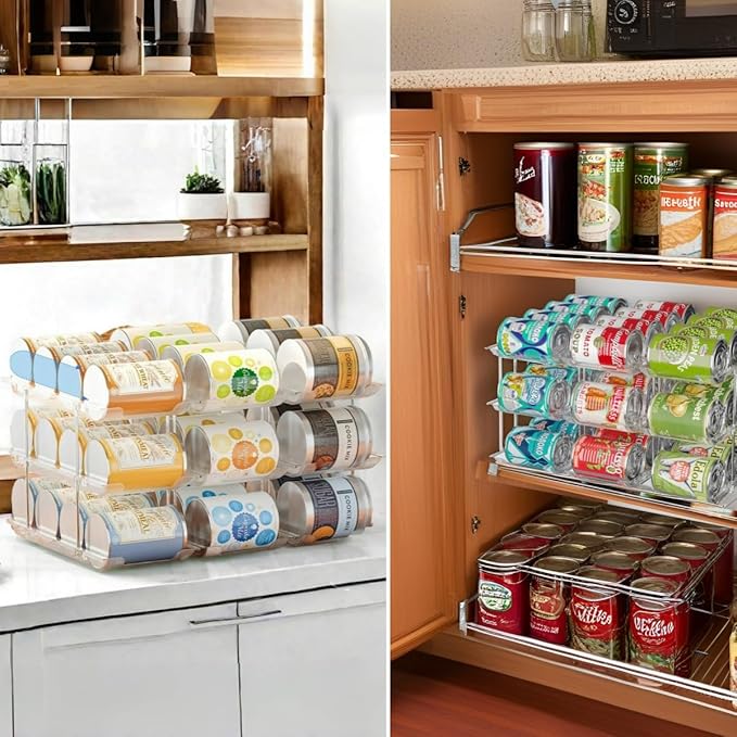 Attelite Can Organizer for Pantry, 3 Sets 3 Tiers Can Storage Organizer Pantry,Soda Can Organizer for Fridge 36 Cans Rack Automatic Rolling Stackable Canned Food Organizer,Clear
