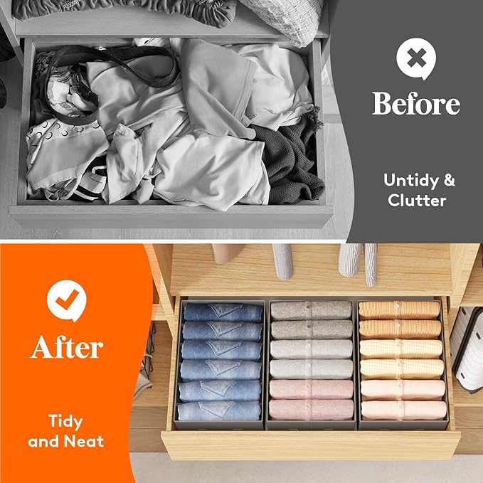 Lifewit 6 Pack Clothes Organizer, 6 Grids Closet Jean Storage Bins with Handles and Support Boards, Foldable Drawer Organizer for Sweater, Pants, T-shirt, Dress, Grey, 42 x 27 x 17 cm/16x10x7''