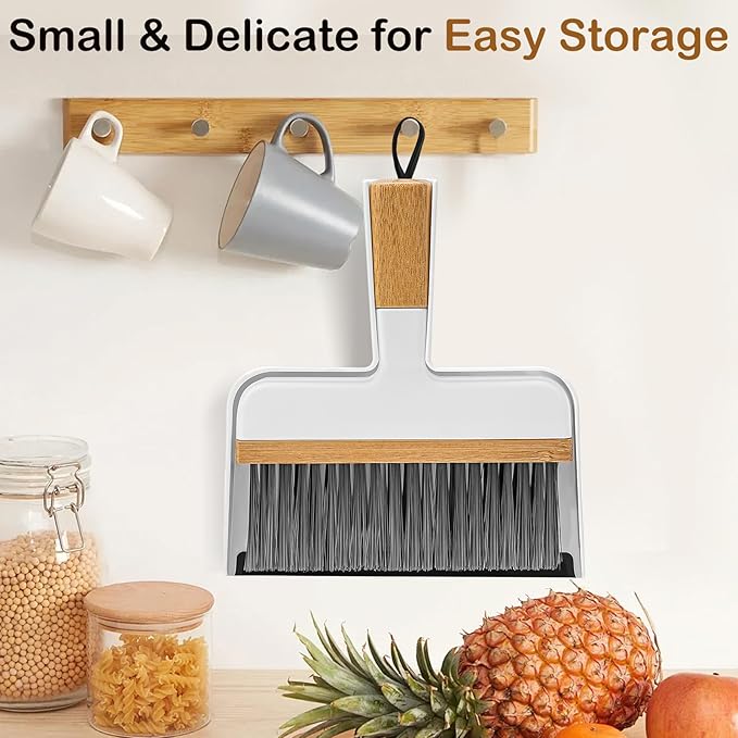 THINKLEARN Mini Dustpan and Brush Set, Portable Broom and Dustpan Combo Set with Bamboo Handle and Soft Rubber Lip, Compact Cleaning Tool for Kids, Car, Desk, Pet, Camping