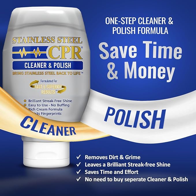 Stainless Steel CPR Kitchen Stainless Steel Cleaner and Polish for Appliances- Cleaner Removes Fingerprints, Water Marks and Grease. Refrigerator Cleaners, Stoves, & Dishwashers (18 Ounce (Pack of 2))