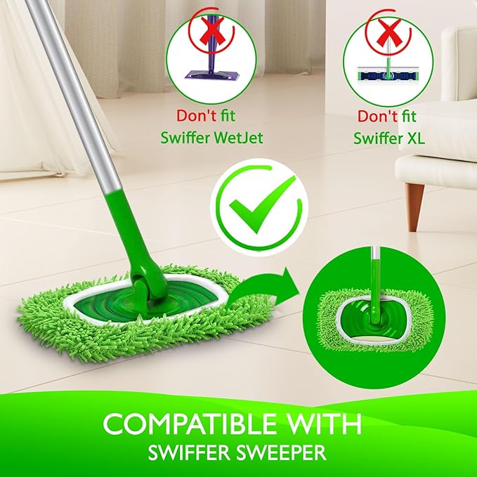 Reusable Microfiber Mop Pads Compatible with Swiffer Sweeper- 4 Pack Dry Sweeping Cloths & Wet Mopping Cloths - Chenille Washable Wet Pads Refill for Mopping Floors (Mop is not Included)