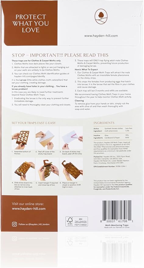 Hayden Hill Moth Traps for Clothes & Closets - 3-Pack - Refillable and Odor-Free Moth Traps for House Indoor - Pheromones for Clothing Protection