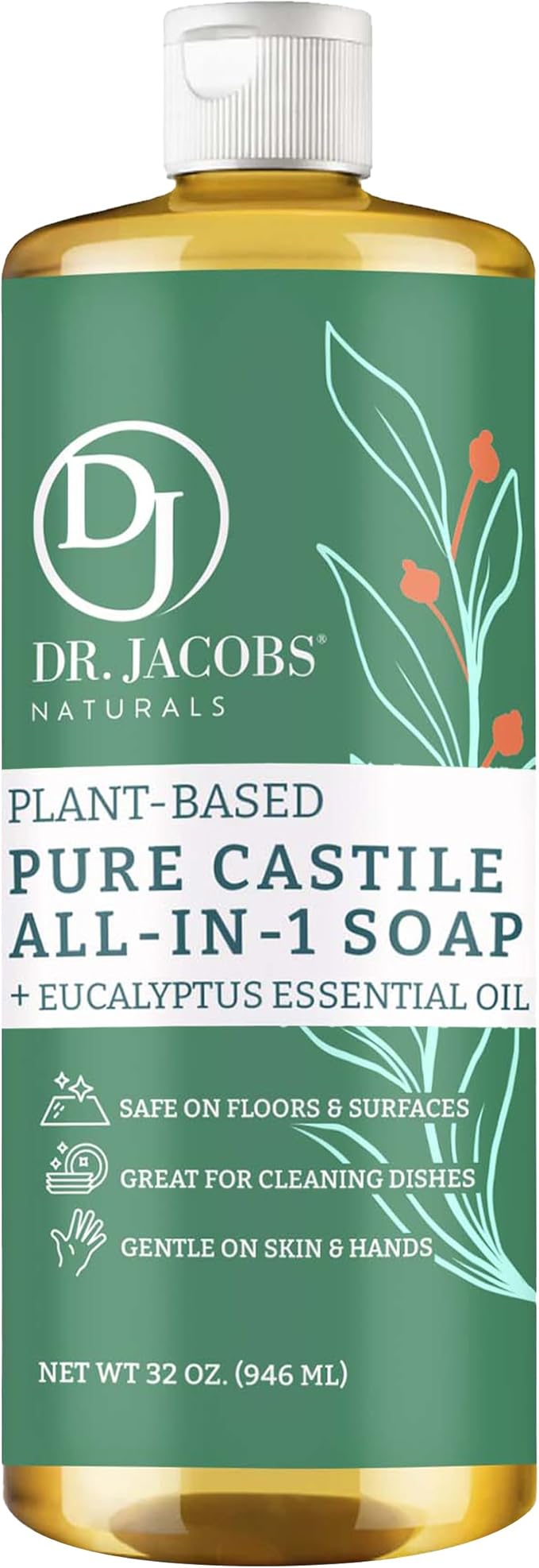 Dr. Jacobs Naturals Eucalyptus Castile All-in-One Cleaner and Soap - Plant-Based Formula for House Cleaning Floors and Appliances - Gentle on Skin and the Planet - 32 oz, 1 Pack