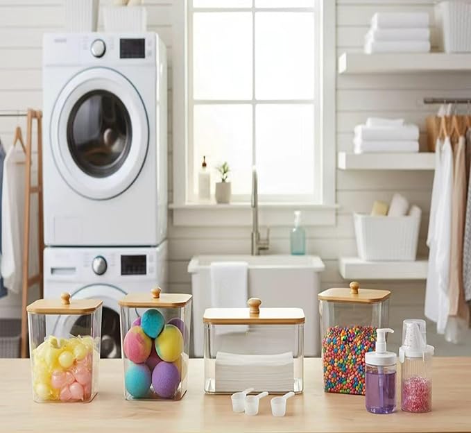 4+2-Piece Laundry Storage Set: Includes a clear laundry pod storage box and a liquid detergent dispenser. Perfect for fabric softener, powdered detergent, and more. A thoughtful gift for Momfor moms.