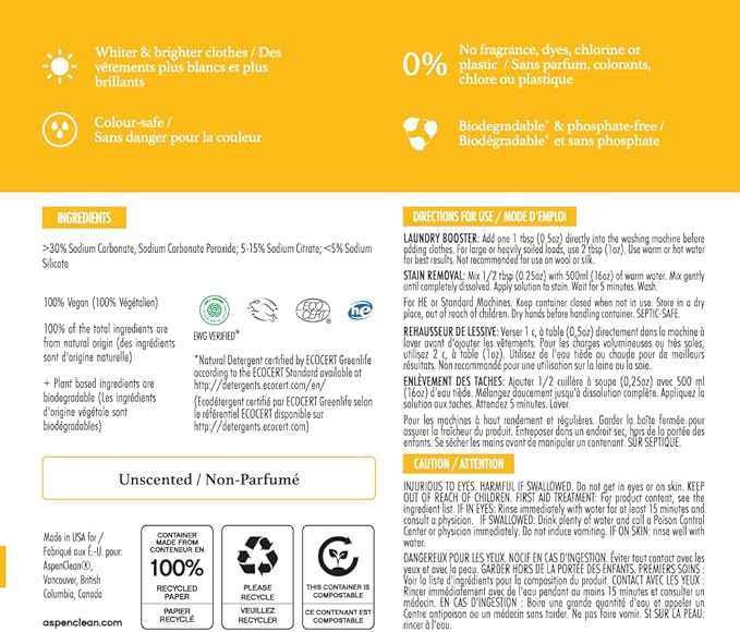 AspenClean | Unscented Oxygen Bleach Powder | Color Safe Laundry Stain Remover | Bleach Alternative | EWG Verified™, Hypoallergenic, Non-Toxic | 45 Loads