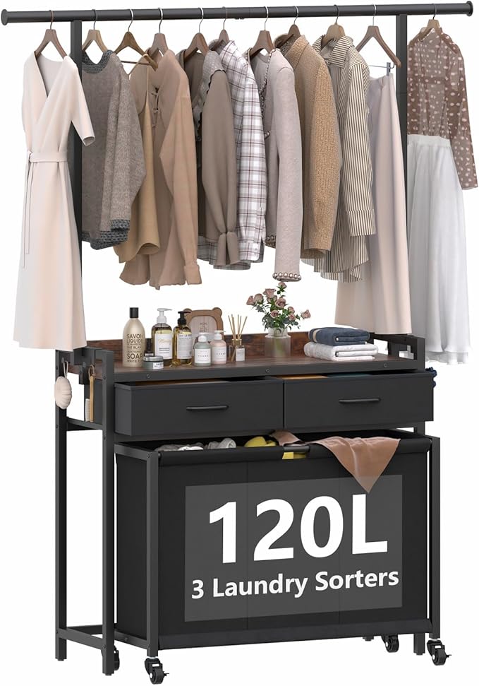 STIKELY Laundry Sorter Hamper with Hanging Cloth Rack, Laundry Basket with 3 Section Pull-Out Rolling Bags, Laundry Sorter for Organization and Storage with 2 Drawers for Laundry Room (Vinatge Brown)