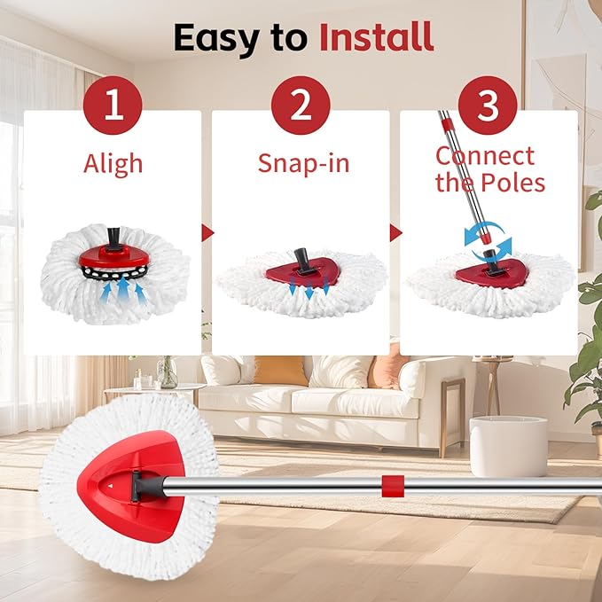 Spin Mop Head, Base, Handle Replacement for O-Ceda EasyWring Microfiber Spin Mops, 2 Microfiber Mop Refills, 1 Triangle Head Cover and 30-58in Handle Set Combo (White(1 Tank System))