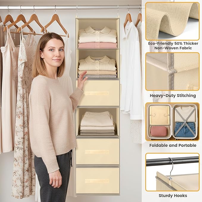 Hanging Closet Organizer 6-Shelf with 3 Drawers & Side Pockets, Closet Organizers and Storage for Dorm, Nursery & Wardrobe Organization, Hanging Shelf Clothes Organizer for Sweaters, Shoes, Beige