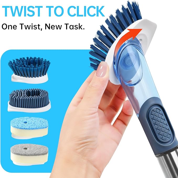 Soap Dispensing Scrub Brush - 4-in-1 Kitchen Cleaning Brush with Built-in Tank, Scraper Heads for Stubborn Grime on Pots Pans, Stand/Hang Storage-Blue