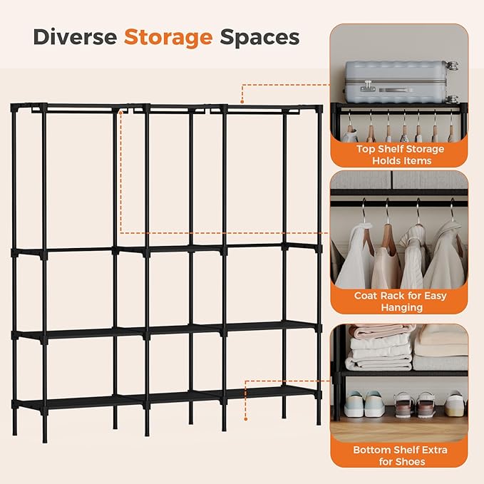 OLIXIS Portable Wardrobe Closet with Hanging Rods, 74.5 Inch Wide Portable Clothing Rack with Shelves, Heavy Duty Clothes Rack, Freestanding Closet Organizer