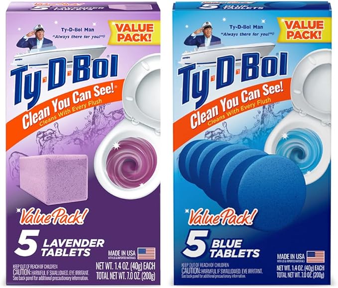 Ty-D-Bol Bleach-Free Toilet Bowl Cleaner Tablets Variety Pack - (10 Pack) 1.4 oz - 5 Lavender and 5 Blue Tablets - Fights Hard Water Stains, Mineral Buildup & Limescale - Bathroom Cleaning Supplies