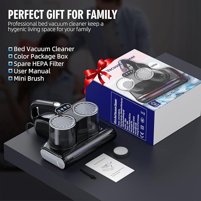 Mattress Vacuum Bed Vacuum Cleaner 16Kpa Suction 253.7nm UV-C Light, 140°F Heated Air, 30000 RPM Brushroll, Ultrasonic, HEPA Filter, Handheld Vacuums for Carpet/Sofa, 500W Corded, (Pitch-Black)