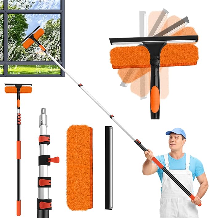 26FT High Window Cleaning Kit with Pole,2 in 1 Window Squeegee,5-20FT Professional Window Clean Pole Kit(2 Squeegee & 2 Microfibre Cloths),180°Rotatable Squeegee for Indoor/Outdoor High Windows
