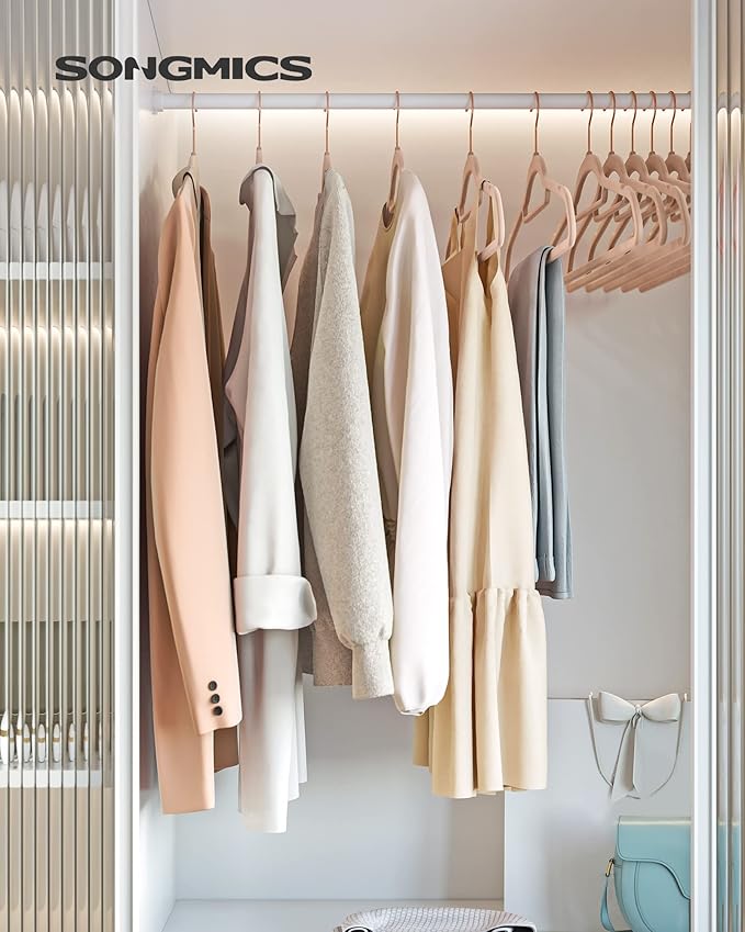 SONGMICS Velvet Hangers, Set of 50 Clothes Hanger with Rose Gold Swivel Hook, Non-Slip, and Space-Saving, 0.2-Inch Thick, 17.1-Inch Long for Coat, Shirt, Dress, Pants, Tie, Caramel Brown UCRF021LB50
