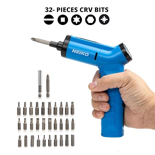NEIKO 10580A Electric Screwdriver, 34pc Rechargeable Cordless Screwdriver Set, 1/4” Hex Shank 3.6V Lithium Ion Power Screwdriver, 3 LED Lights, USB C Charger Included, Mini Screw Driver