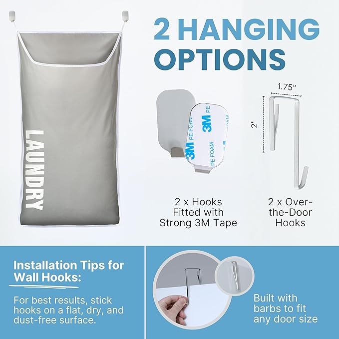 Hanging Laundry Hamper Bag XL 40x22", Space Saving over the Door Storage Bags, Behind the Door Hampers for Dirty Clothes & Wall Mounted Basket for Bathroom, Organizer for Small Room Spaces RV