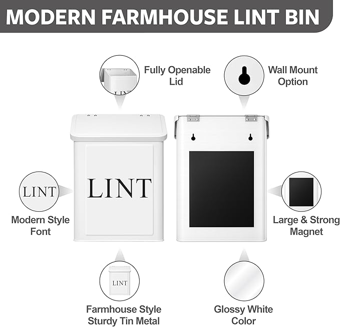 Calindiana Modern Farmhouse Metal Magnetic Lint Bin with Lid and Laundry Room Organization and Storage Wall Mount Space Saving Washer and Dryer Trash Can (White (LINT Brush Set))