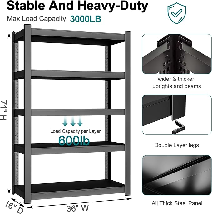 5-Tier Storage Shelves Heavy Duty Black 16" D x 36" W x 71" H, Adjustable Utility Rack Shelf, 3000 lbs Capacity, Storage Organizer for Garage, Home, Bathroom, Laundry, Storage Rack