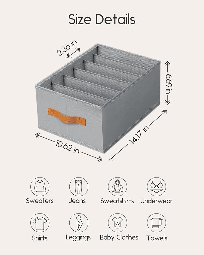 Homsorout Closet Organizers and Storage - Fabric Clothes Organizer with Handles, Foldable Jeans Organizer for Clothes, Drawer Organizer for Shirts, Bra, Sweater, Scarf, 8 Pack, Grey