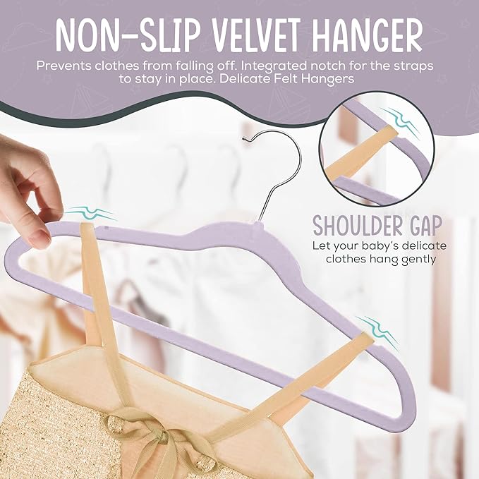 TechZoo 50 Premium Kids Velvet Hangers - 14'' Non-Slip, Ultra-Slim & Space-Saving Hangers - 360° Swivel Hook, Strong & Durable for Children & Preteens - Purple