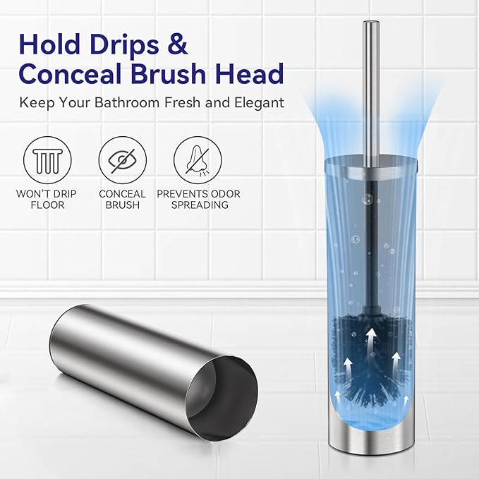 DOWRY Stainless Steel Toilet Bowl Brush and Holder for Bathroom, Deep Cleaning Toilet Brush and Holder Set with Long Handle, Hidden Toilet Bowl Brush with 2 Heads,Modern Decor Nickel Brushed Round