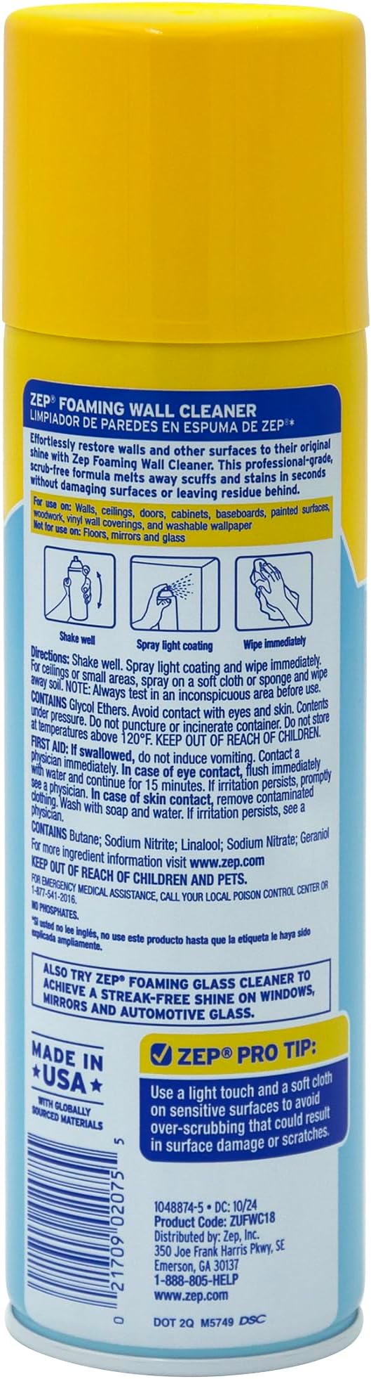 Zep ZUFWC18 Foaming Wall Cleaner, 18 oz, Clear