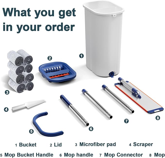 Large Mop and Bucket System with Wringer Set, Hands-Free Flat Mops for Floor Cleaning, Mopping Bucket System with 8 Washable Microfiber Pads for Wet and Dry Use, Home Windows and Wall Cleaner Mop