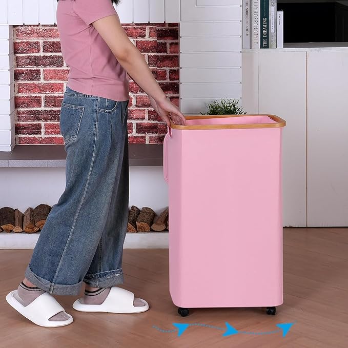 iEGrow Laundry Basket with Wheels, 110L Clothes Hamper for Laundry, Laundry Hamper with Bamboo Lid and Inner Bag, for Laundry Room, Bedroom, Dormitory Storage,Pink