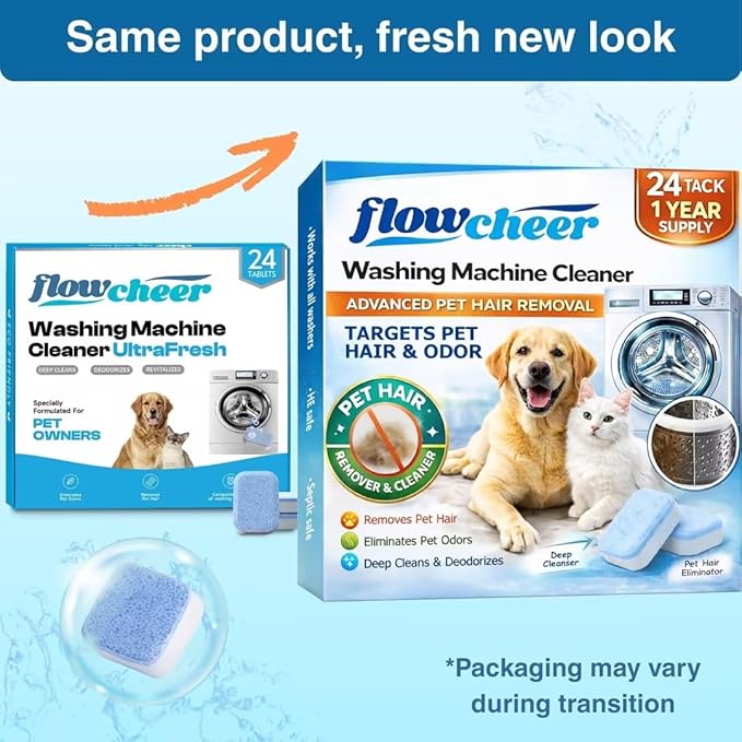 flowcheer Washing Machine Cleaner for Pet Hair & Odor Deep Cleaning Tablets for Washer Drum & Tub – Breaks Down Odor-Causing Buildup, Loosens Pet Hair Residue – 24 Tablets, 1 Year Supply