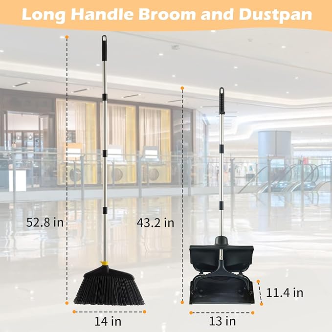 Outdoor Broom and Dustpan Set with Long Handle, Heavy Duty Upright Standing Dust Pan with Windbreak Cover and Broom Combo for Sweeping Indoor Outdoor Commercial Use