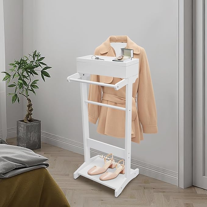TFCFL Wooden Suit Rack with Drawer & Trouser Holder, Multi-functional Coat Stand for Hats/Scarves/Belts, Space-Saving Standing Suit Valet Stand for Home/Office, 22lbs Load Capacity (White)