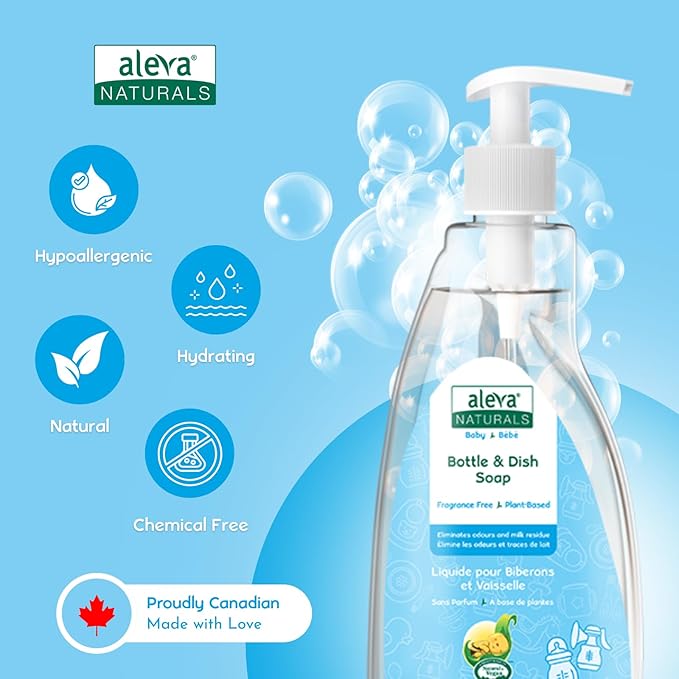 Aleva Naturals Hypoallergenic Bottle and Dishwash Liquid, Plant-Based & Fragrance-Free Formula, Dish Soap to Clean Baby Feeding Cups, Breast Pumps - 500 ml, 16.91 Fl Oz