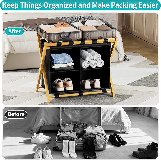 Folding Luggage Rack, 2-Pack Natural Bamboo Suitcase Stands with 4 Storage Compartments , Sturdy Luggage Holders for Guest Room, Bedroom, Hotel