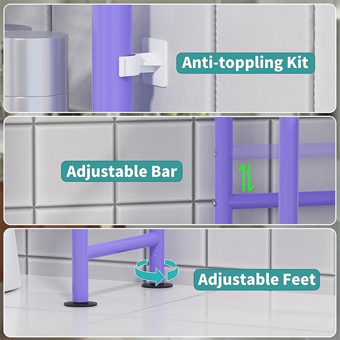 3-Tier Over The Toilet Storage Organizer, Space-Saving Bathroom Rack with Paper Holder & 4 Hooks, 64" Tall Freestanding Carbon Steel Shelf for Small Apartment Laundry Room (Purple)