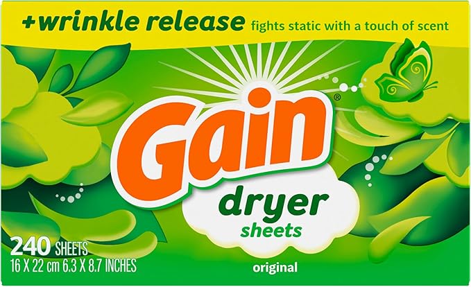 Gain Dryer Sheets Plus Wrinkle Release, Original Scent, 240 Count, Wrinkle Reducing Anti Static Laundry Sheet