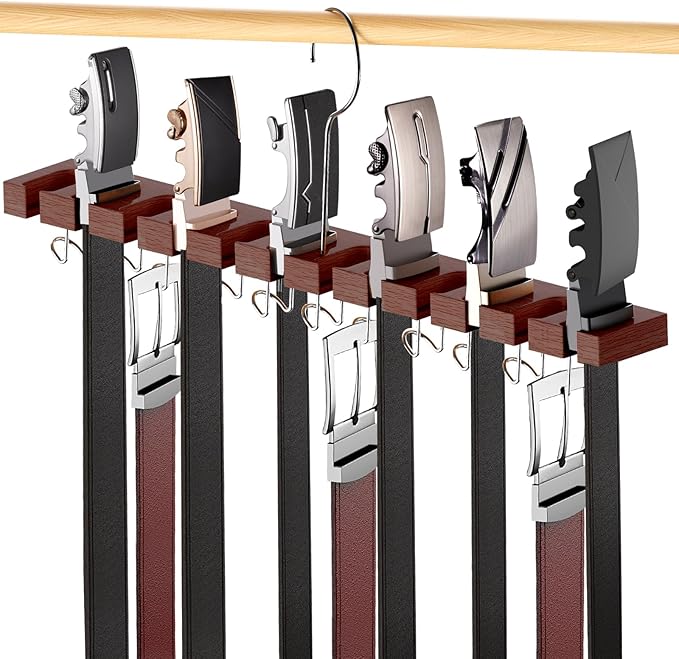 Cuipingoo Belt Hanger for Closet Max 42 Belts, 2-in-1 Wall Mount Belt Organizer with 360° Rotating Hooks, Wooden Tie and Belt Rack for Closet Accessories Organizers and Storage, Walnut Wood