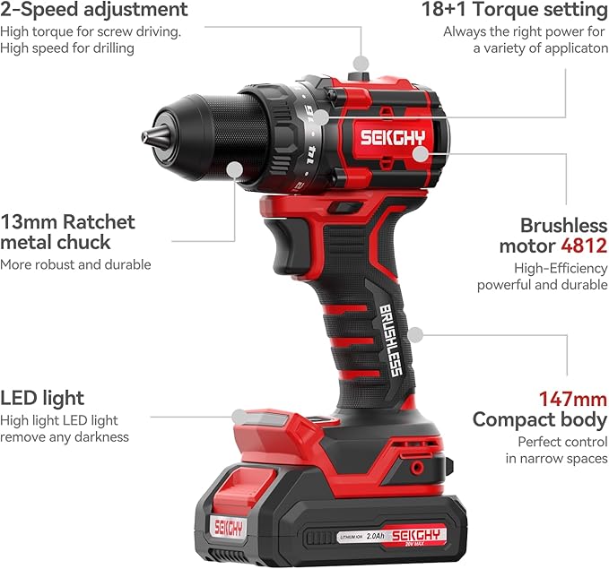 20V Power Drill Drivers, 70N.m,cordless drill with battery and charger, Masonry & Tile Drill Bits, for Home DIY, Construction, Repair power tools